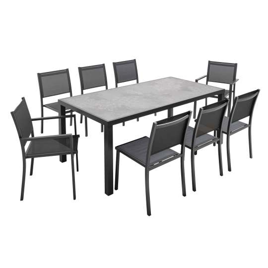 Table de jardin en céramique effet stamp 185 x 95 cm avec 6 chaises sans accoudoirs et 2 chaises avec accoudoirs
