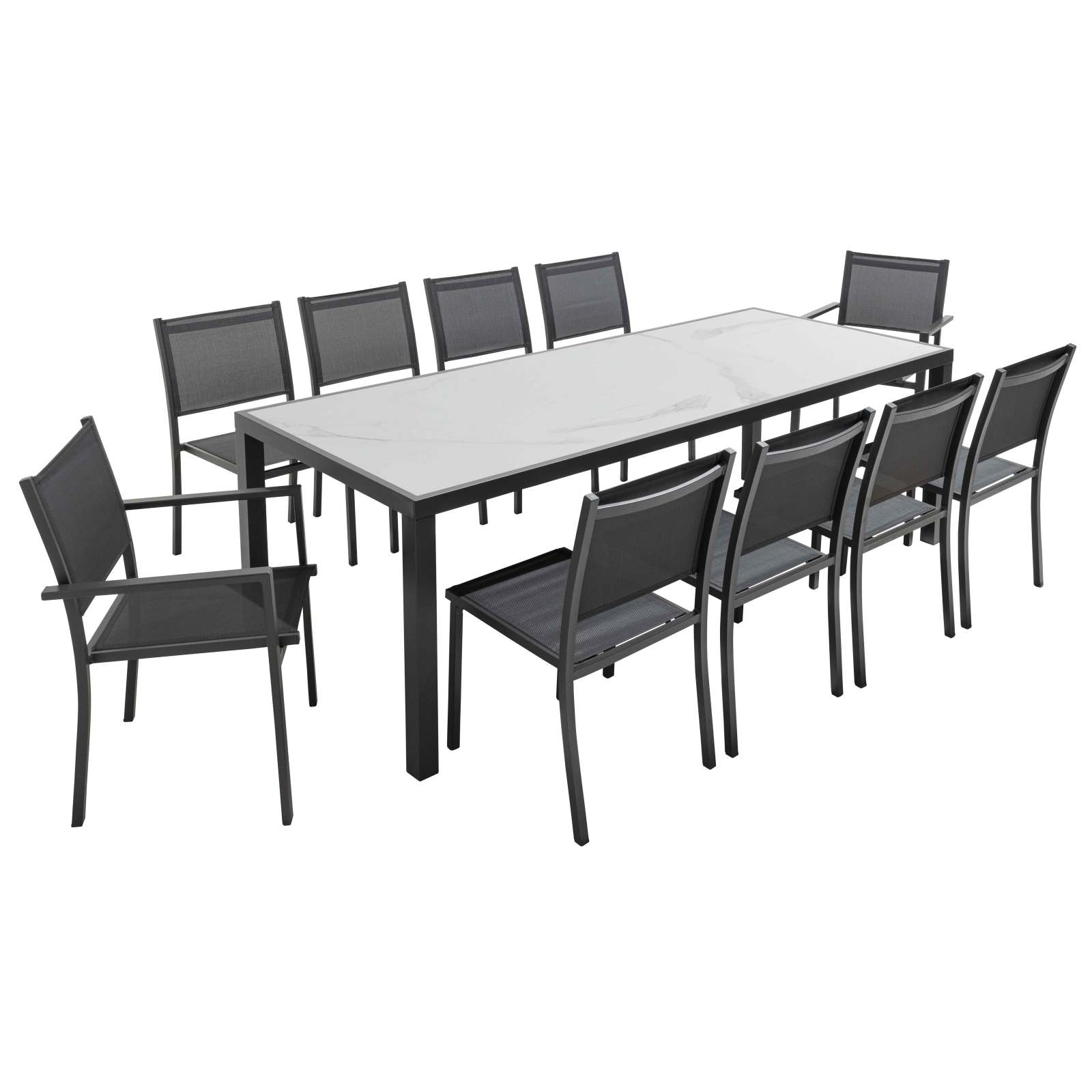 Table de jardin en céramique effet marbre 230 x 95 cm avec 8 chaises sans accoudoirs et 2 chaises avec accoudoirs