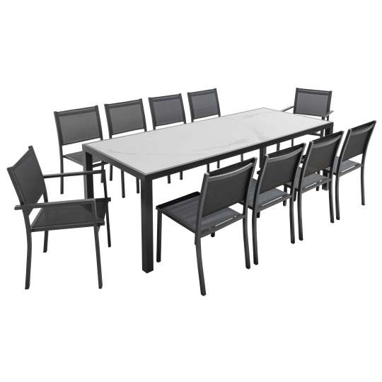 Table de jardin en céramique effet marbre 230 x 95 cm avec 8 chaises sans accoudoirs et 2 chaises avec accoudoirs