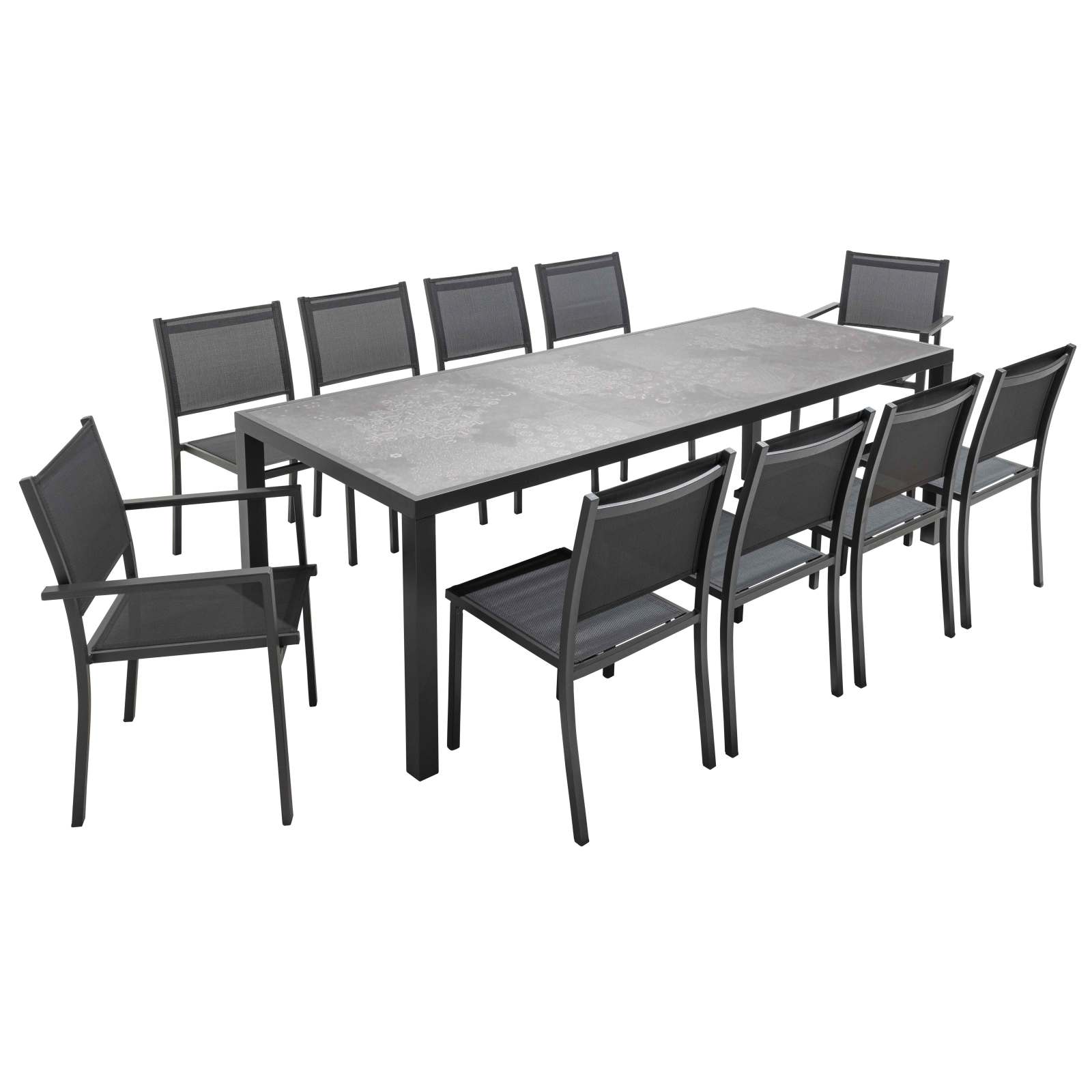 Table de jardin en céramique effet stamp 230 x 95 cm avec 8 chaises sans accoudoirs et 2 chaises avec accoudoirs