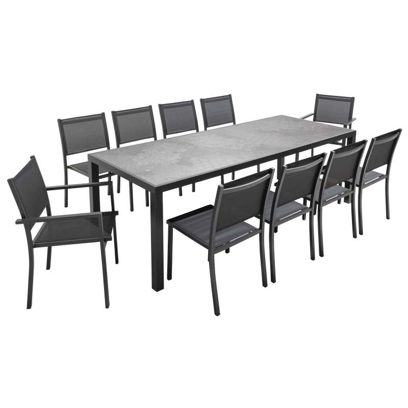 Table de jardin en céramique effet stamp 230 x 95 cm avec 8 chaises sans accoudoirs et 2 chaises avec accoudoirs