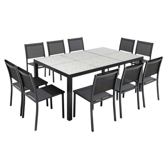 Table de jardin en aluminium et céramique effet terrazzo 182x121 cm et 10 chaises en textilène | Oviala