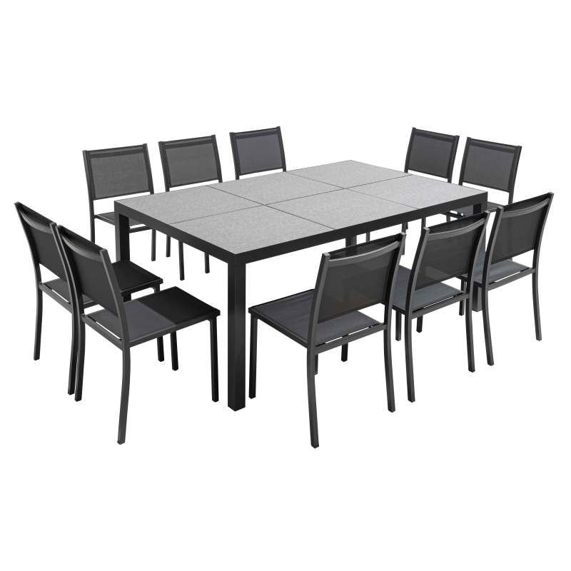 Table de jardin 182 x 121 cm avec plateau en céramique motif Fabric et 10 chaises