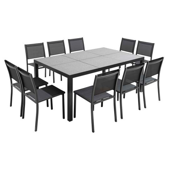 Table de jardin 182 x 121 cm avec plateau en céramique motif Fabric et 10 chaises