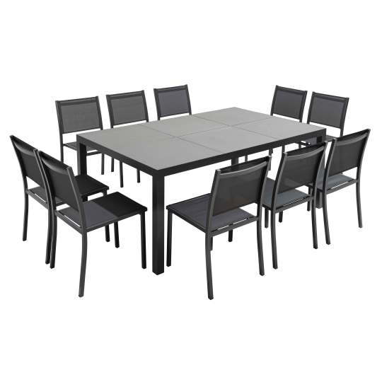 Table de jardin 182 x 121 cm avec plateau céramique effet béton ciré et 10 chaises