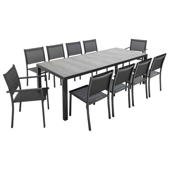 Table de jardin en aluminium et céramique effet béton ciré 230x95 cm et 10 chaises en textilène | Oviala