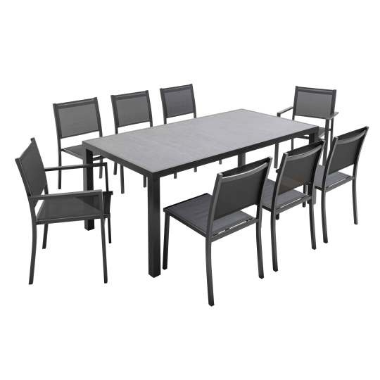 Table de jardin rectangulaire 185 x 95 cm avec plateau en céramique, 6 chaises et 2 chaises avec accoudoirs
