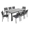 Table de jardin rectangulaire avec plateau en céramique effet béton ciré 185 x 95 cm, 6 chaises et 2 chaises avec accoudoirs
