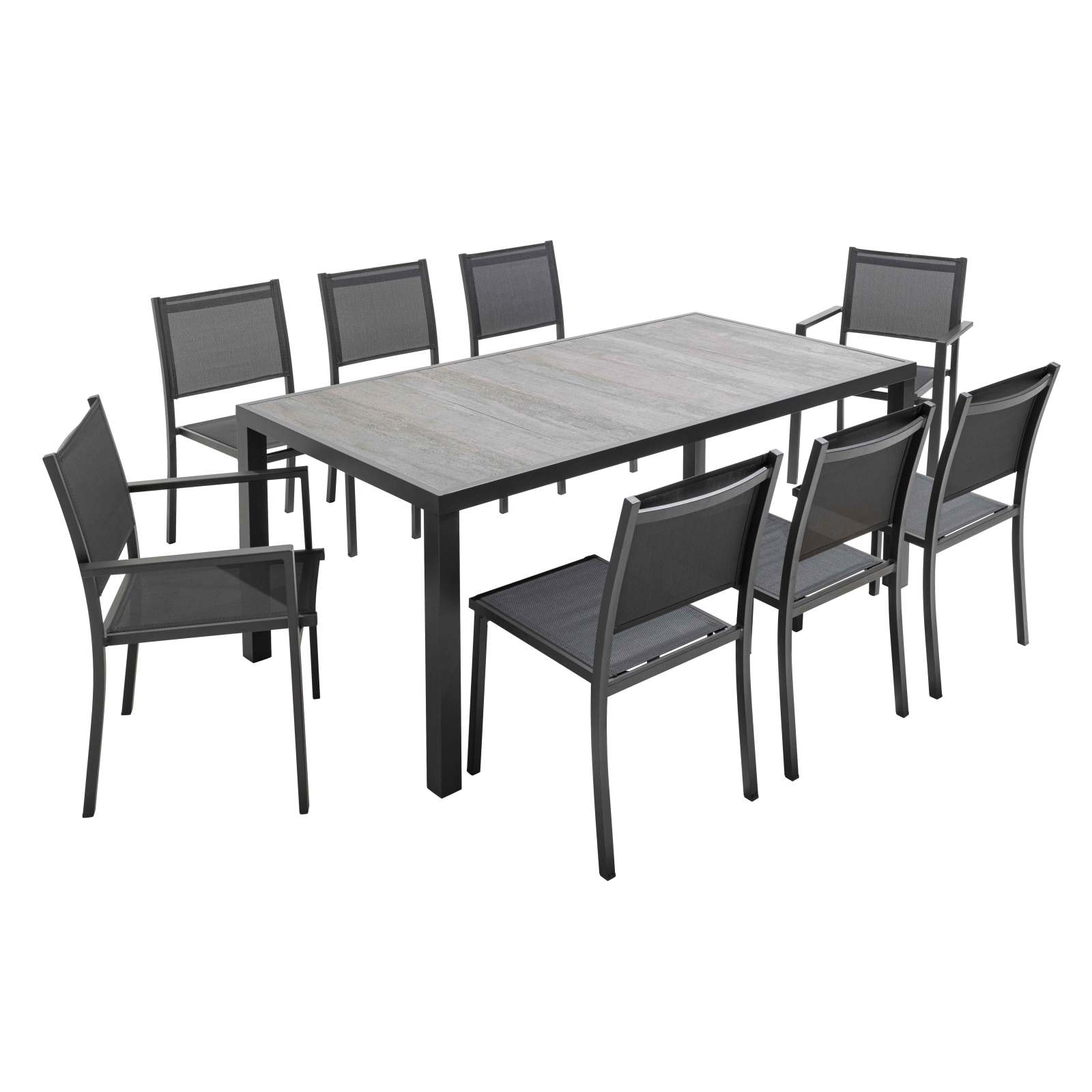 Table de jardin rectangulaire avec plateau en céramique effet béton ciré 185 x 95 cm, 6 chaises et 2 chaises avec accoudoirs
