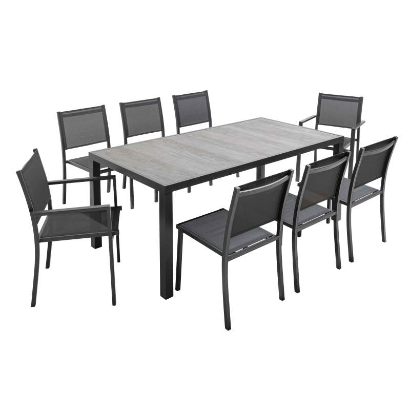 Table de jardin rectangulaire avec plateau en céramique effet béton ciré 185 x 95 cm, 6 chaises et 2 chaises avec accoudoirs