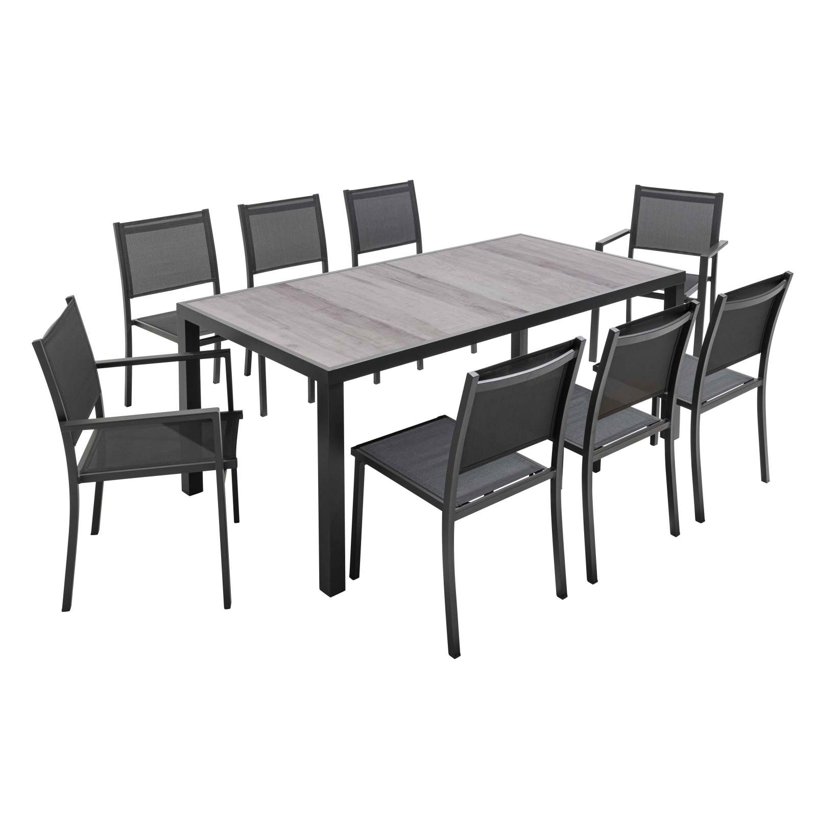 Table de jardin rectangulaire avec plateau en céramique effet bois grisé 185 x 95 cm, 6 chaises et 2 chaises avec accoudoirs Table de jardin rectangulaire avec plateau en céramique effet bois grisé 185 x 95 cm, 6 chaises et 2 chaises avec accoudoirs