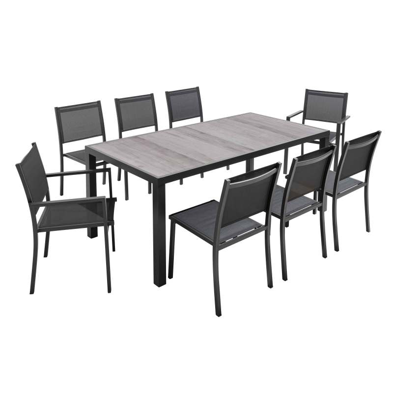Table de jardin rectangulaire avec plateau en céramique effet bois grisé 185 x 95 cm, 6 chaises et 2 chaises avec accoudoirs