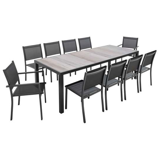 Table de jardin en aluminium et céramique effet bois 230x95 cm et 10 chaises en textilène | Oviala