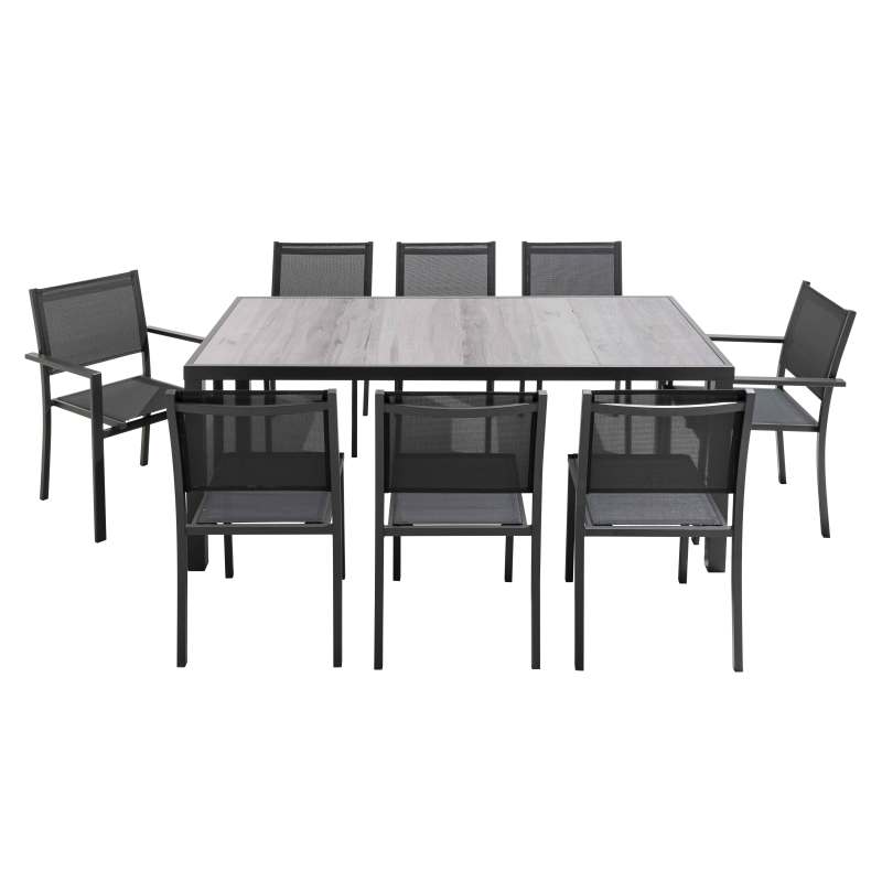 Table de jardin plateau en céramique effet bois grisé (185 x 95 x 74 cm)