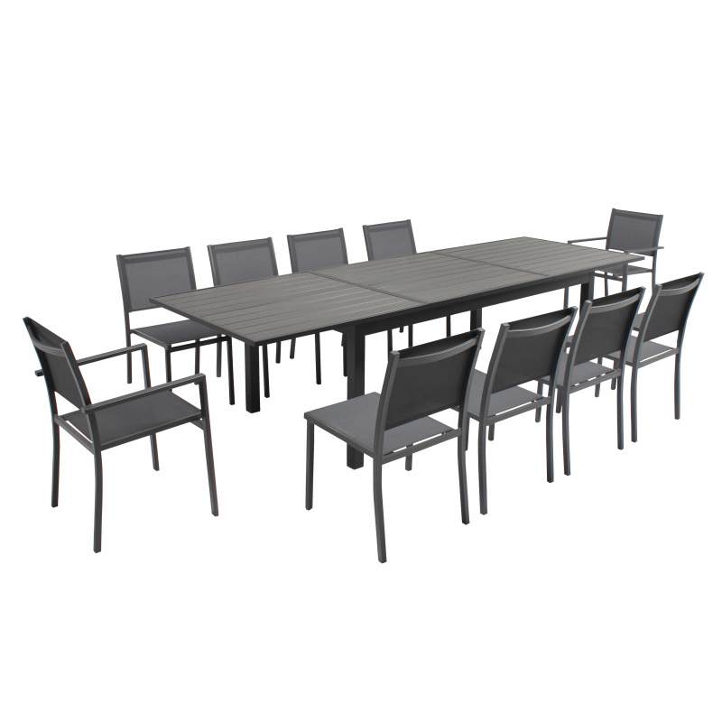 Table de jardin rectangulaire extensible en aluminium et polywood avec 8 chaises et 2 chaises avec accoudoirs