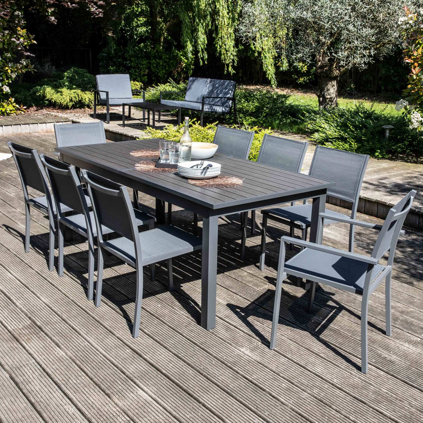 Ensemble table de jardin en aluminium et plateau verre avec chaises