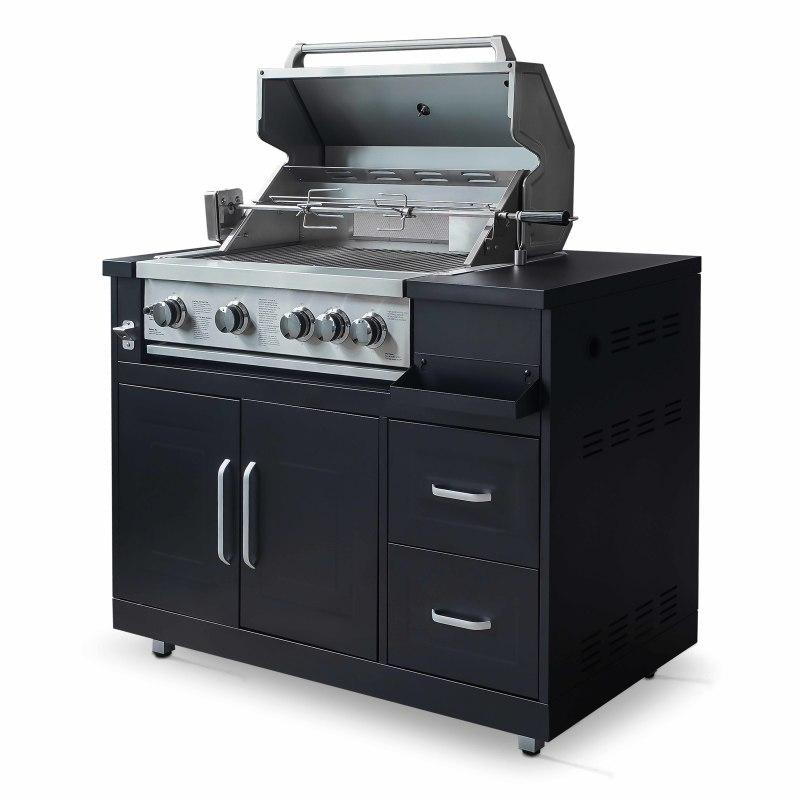 Cuisine d’extérieur angle acier 7 éléments dont 3 modules de cuisson et évier