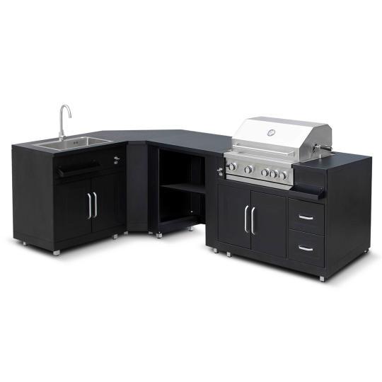 Cuisine extérieure en métal d'angle avec évier, barbecue et rangements - 4 modules | Oviala