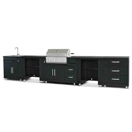 Cuisine extérieure en métal avec évier, barbecue et rangements - 5 modules | Oviala