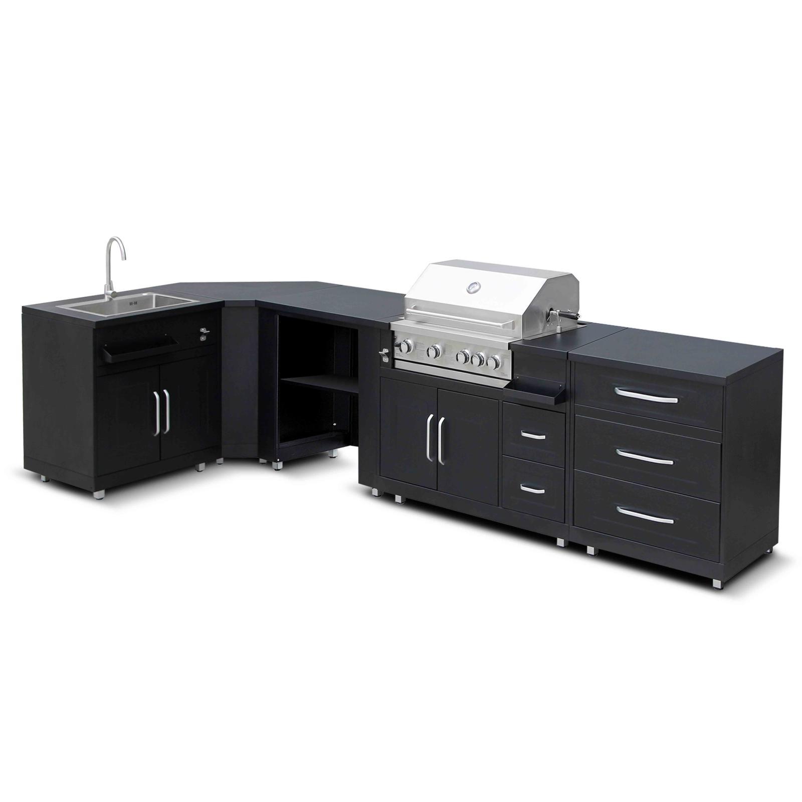 Cuisine d’extérieur angle acier noir 5 éléments avec évier et module de cuisson Barbecue