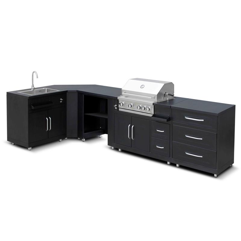 Cuisine d’extérieur angle acier noir 5 éléments avec évier et module de cuisson Barbecue