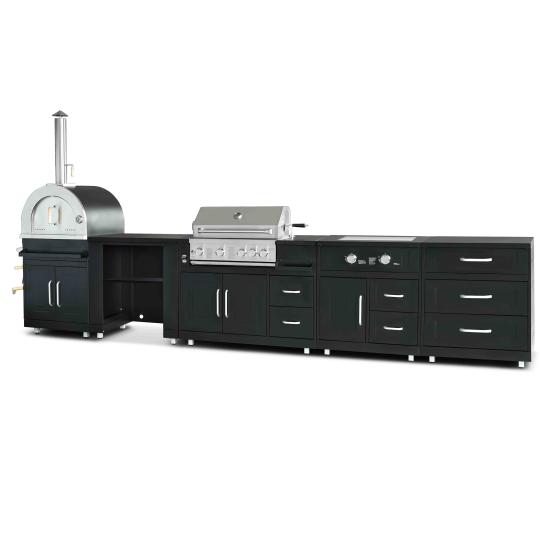 Cuisine extérieure en métal avec four à pizza, barbecue et rangements - 5 modules | Oviala