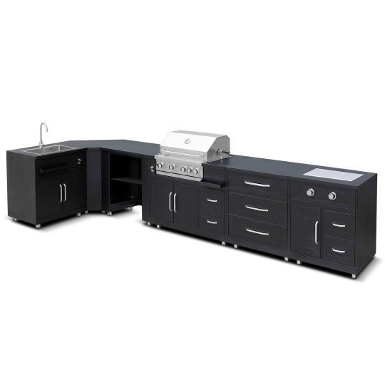 Cuisine extérieure en métal d'angle avec évier, gazinière, barbecue et rangements - 6 modules | Oviala
