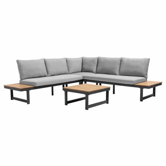 Salon de jardin bas d'angle 6 place en aluminium et bois | Oviala