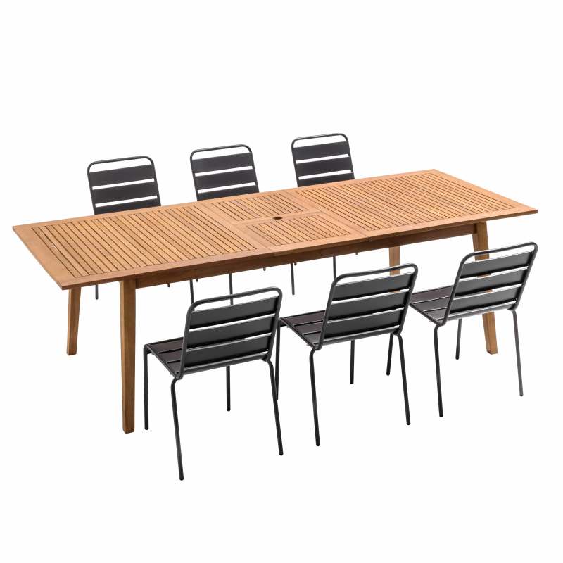 Table de jardin rectangulaire en bois extensible et 6 chaises en métal