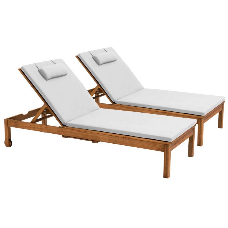 Lot de 2 bains de soleil avec coussin et tablette en bois d'eucalyptus