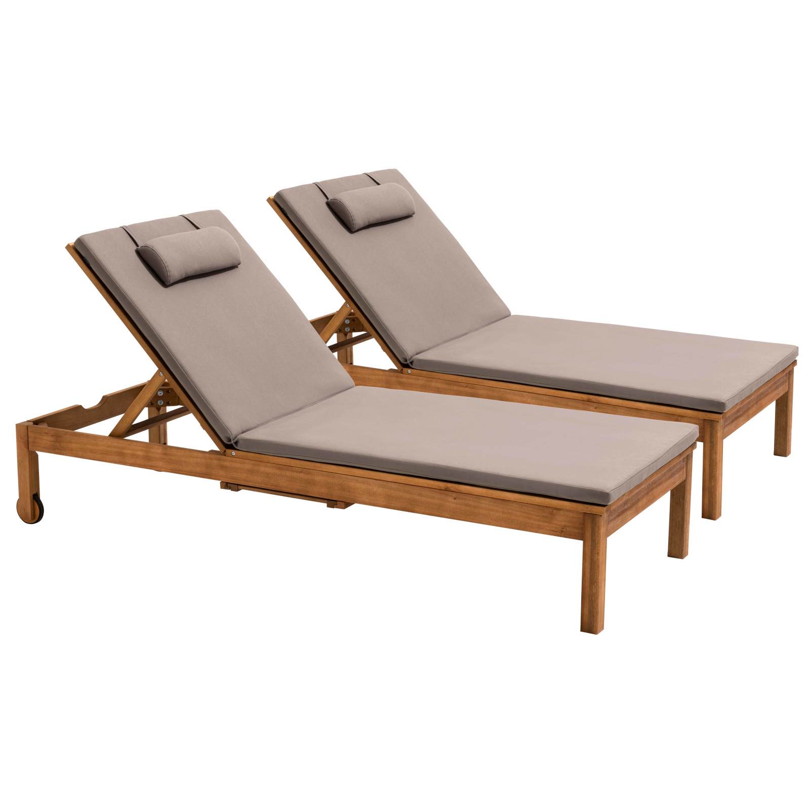 Lot de 2 bains de soleil avec coussin et tablette en bois d'eucalyptus