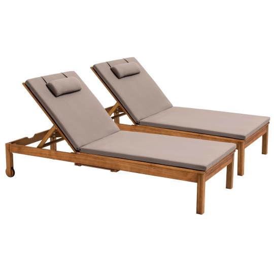 Lot de 2 bains de soleil avec coussin et tablette en bois d'eucalyptus