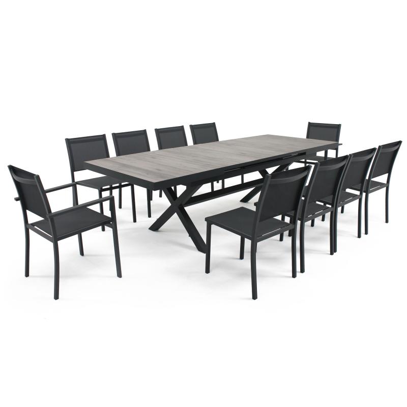 Table extensible en aluminium et céramique avec 8 chaises et 2 chaises avec accoudoirs
