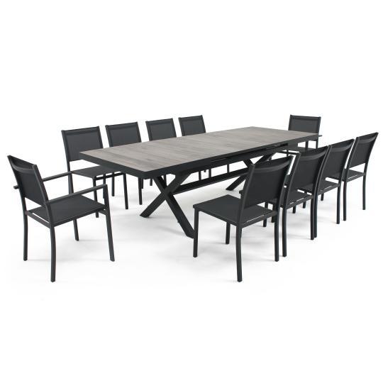 Table de jardin extensible en aluminium et céramique effet bois gris 200/260x100 cm et 10 chaises en textilène | Oviala