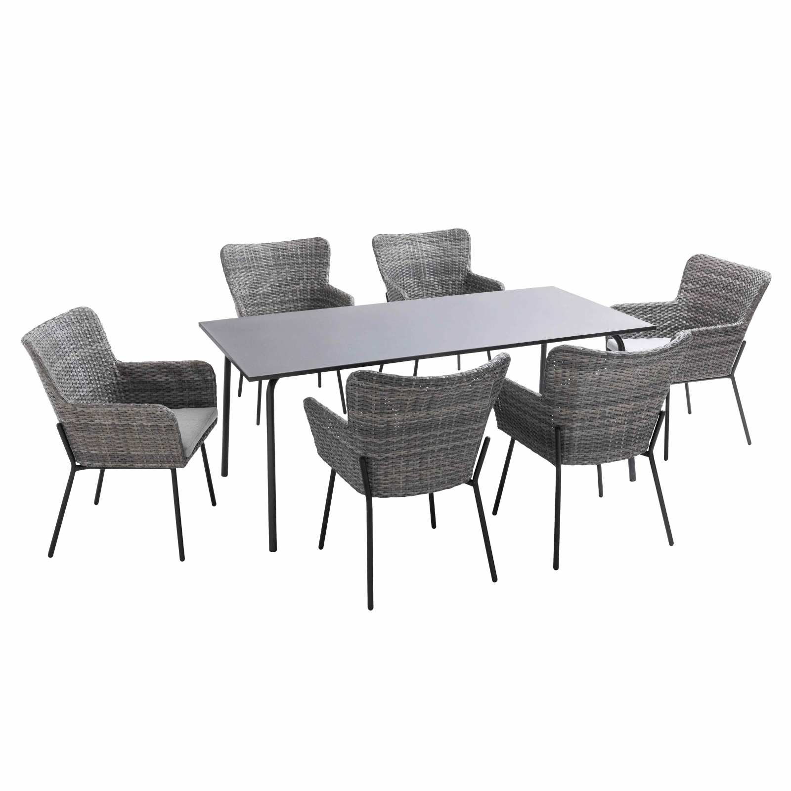 Table de jardin rectangulaire 180 x 90 cm et 6 chaises avec accoudoirs en résine tressée
