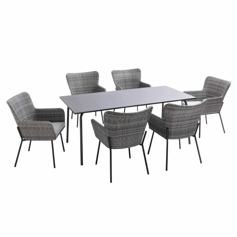 Table de jardin rectangulaire 180 x 90 cm et 6 chaises avec accoudoirs en résine tressée