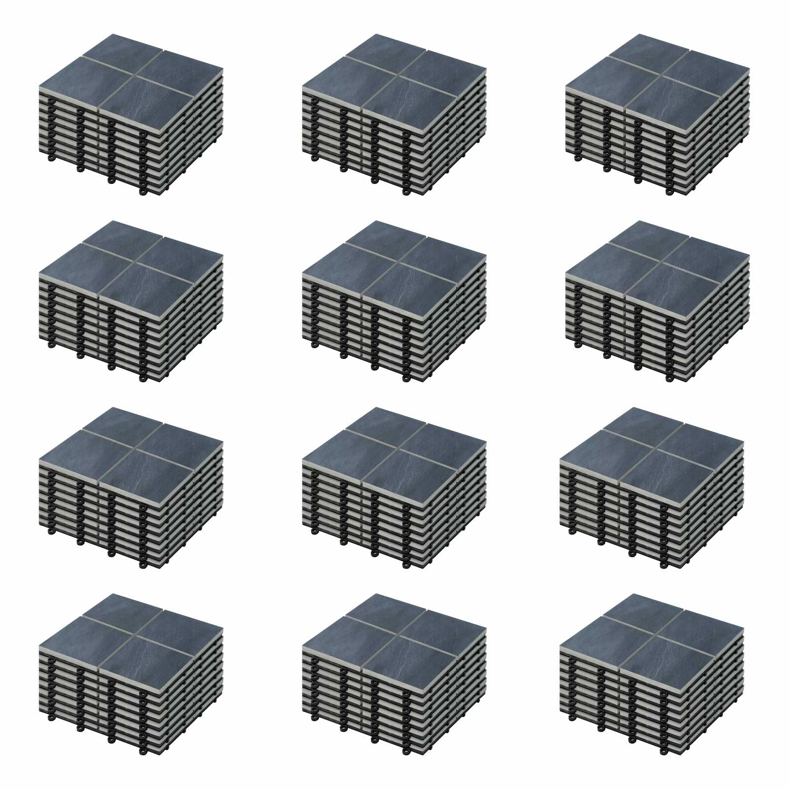 Lot dalles de terrasse clipsables à carreaux en pierre noire (30 x 30 x 2,5 cm)