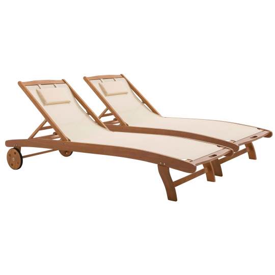 Lot de 2 bains de soleil en bois FSC avec roues, inclinables 5 positions