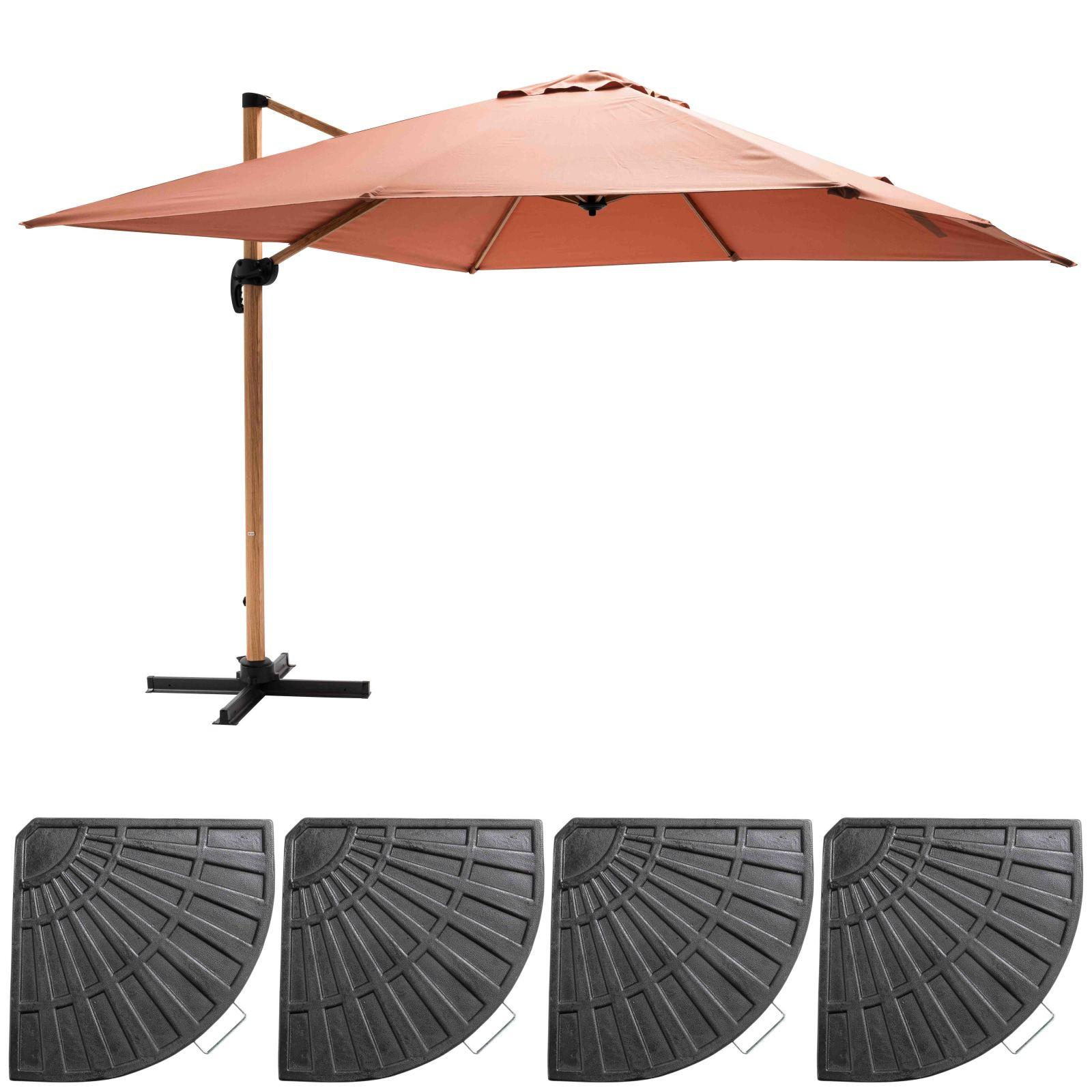 Ensemble parasol déporté inclinable carré (3 x 3m) 250g/m² + 4 dalles lestées