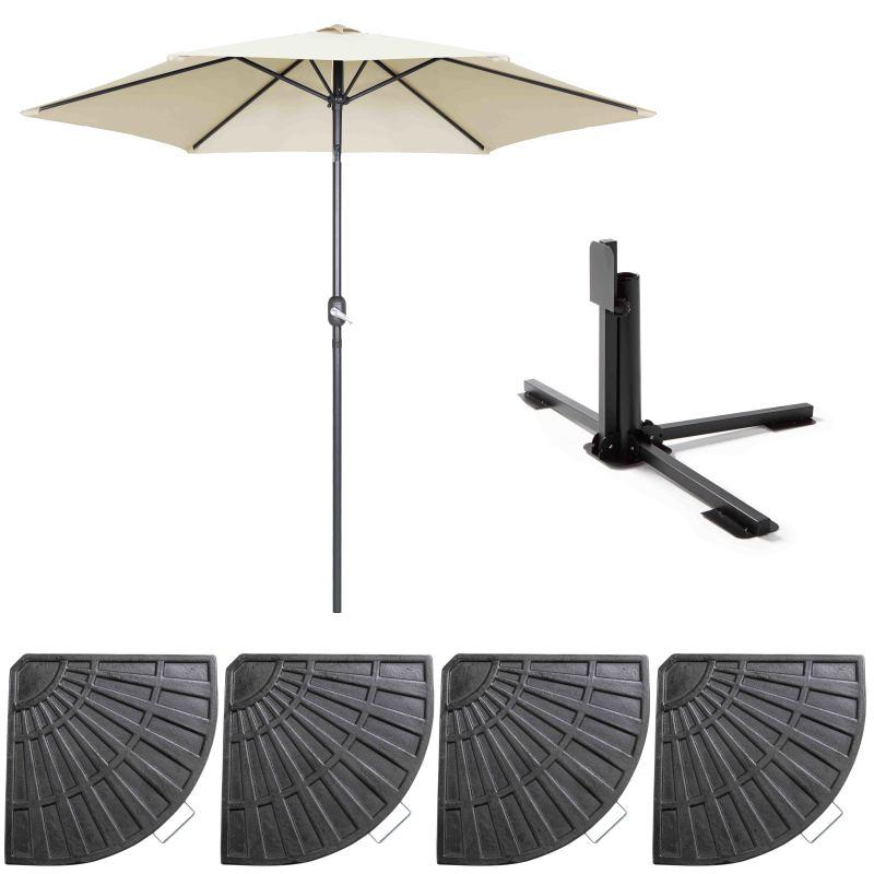 Ensemble parasol droit inclinable 180g/m² (Ø3m) avec pied pliant + 4 dalles lestées