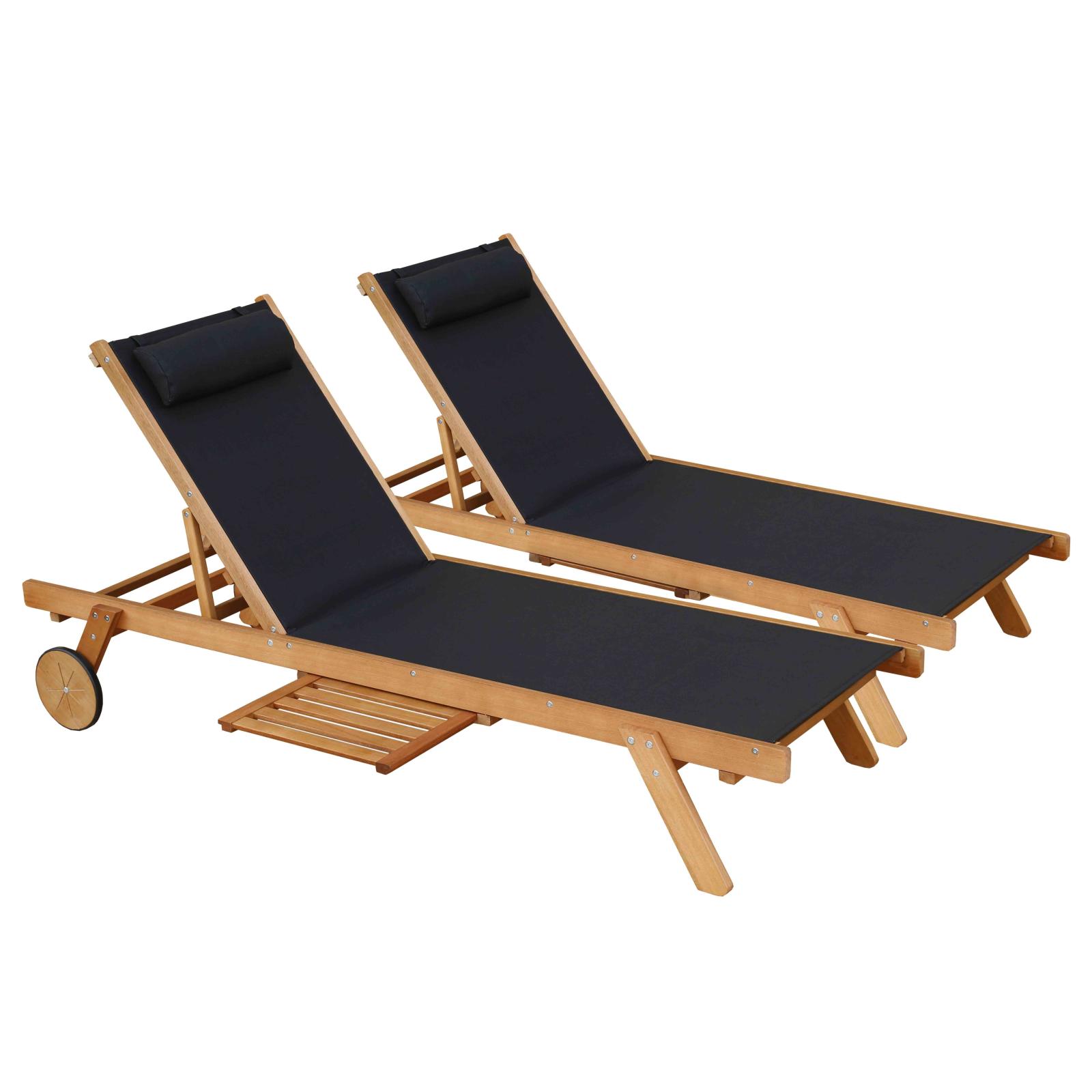 Lot de 2 bains de soleil avec coussin et tablette + 5 positions en bois d'eucalyptus