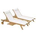 Lot de 2 bains de soleil avec coussin et tablette + 5 positions en bois d'eucalyptus