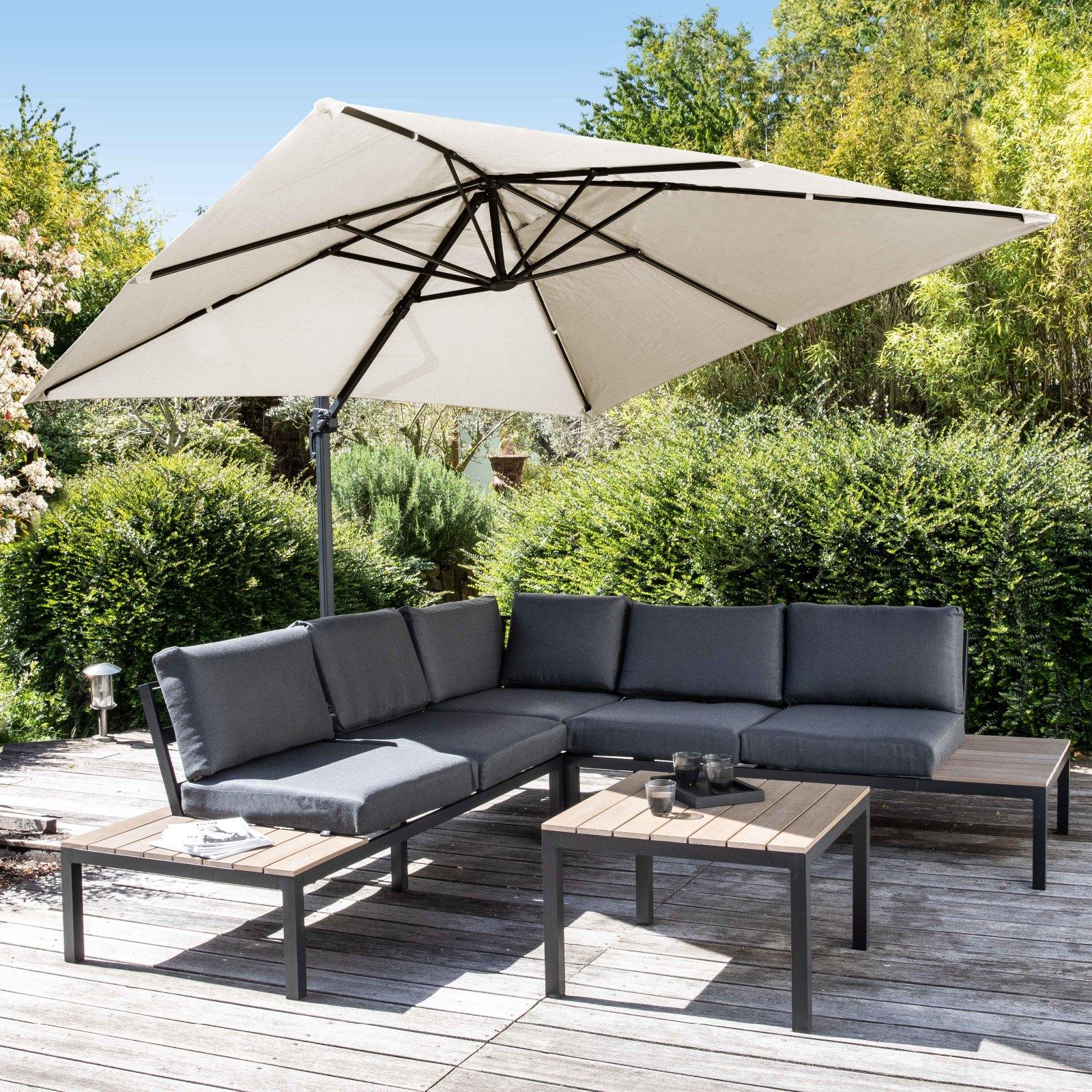 Ensemble parasol déporté carré 250g/m² (3 x 3m) rotatif 360° + 4 dalles lestées