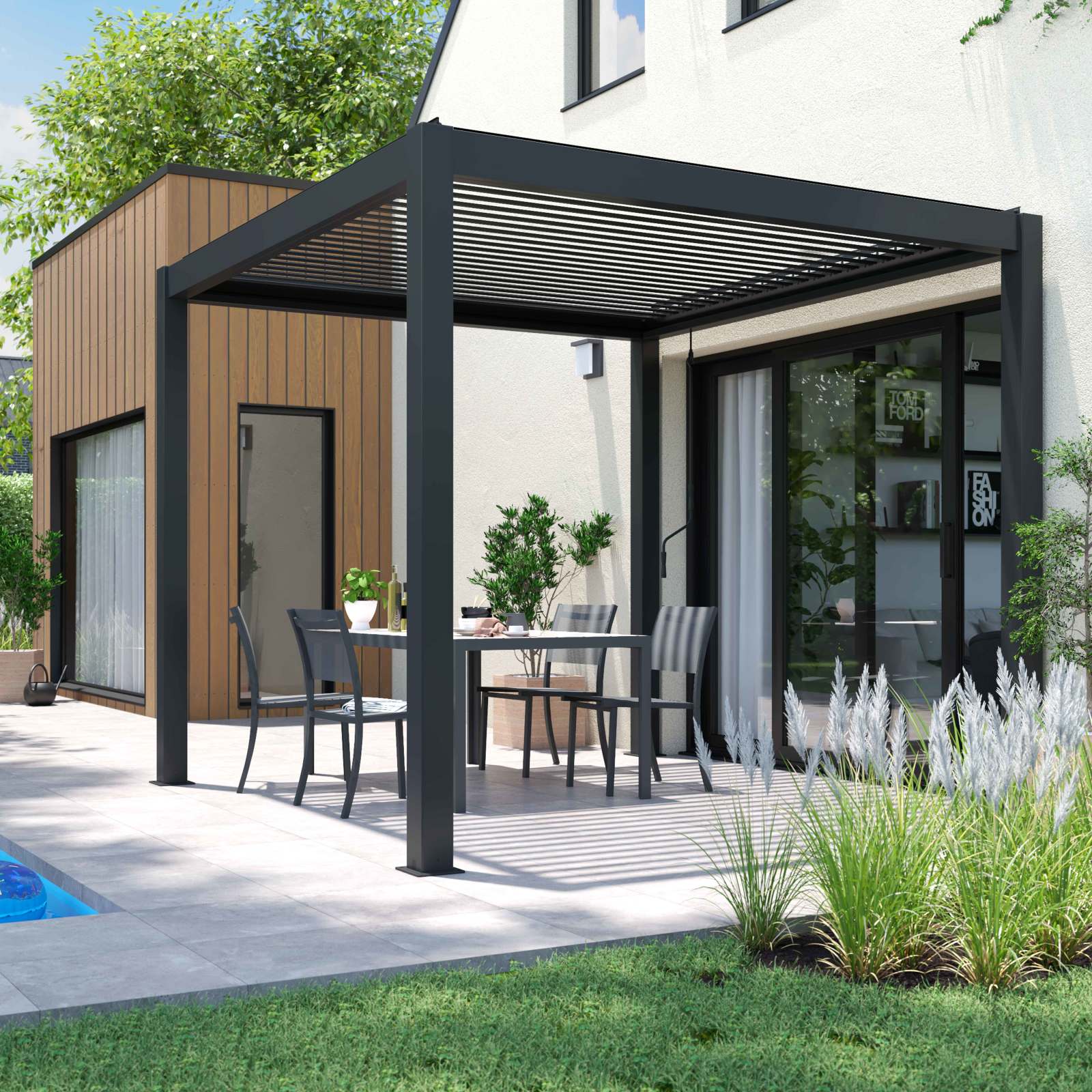 Pergola bioclimatique autoportée 3x3m en aluminium avec 1, 2 ou 3 stores