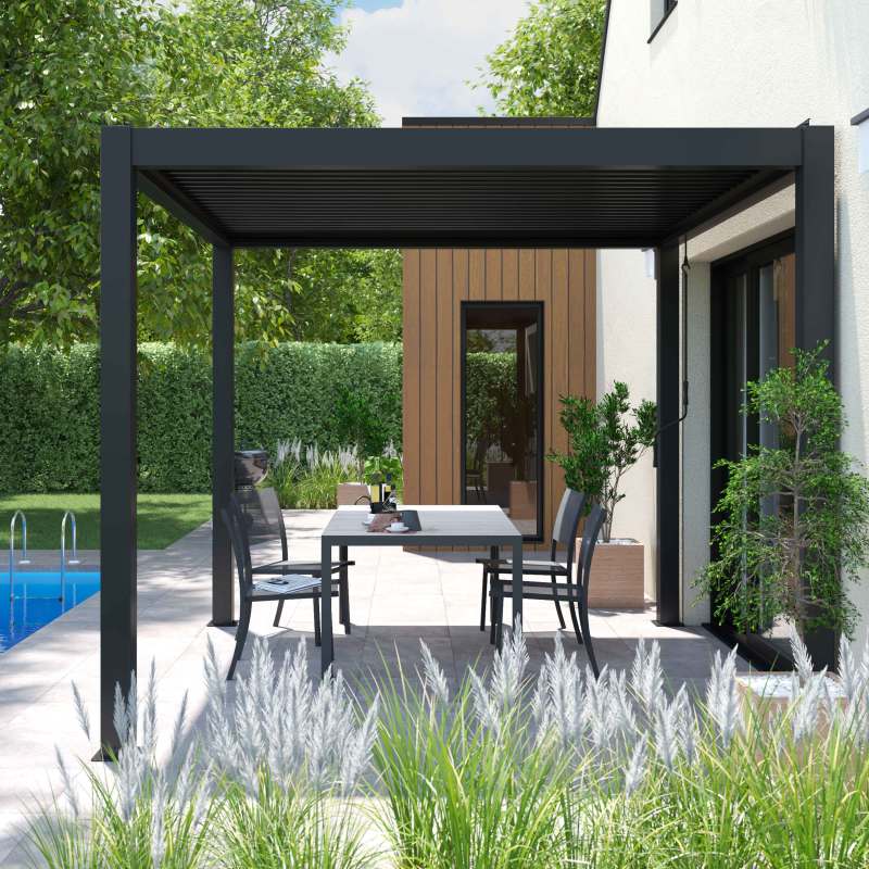 Pergola bioclimatique autoportée 3x3m en aluminium avec 1, 2 ou 3 stores
