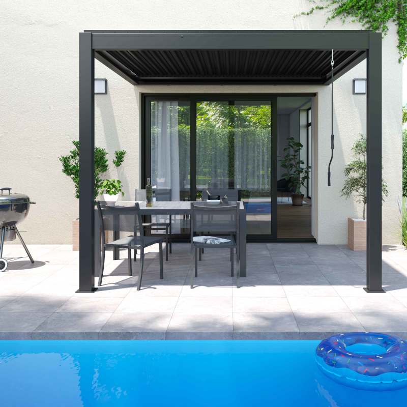 Pergola bioclimatique adossée 3x3m en aluminium avec 1, 2 ou 3 stores