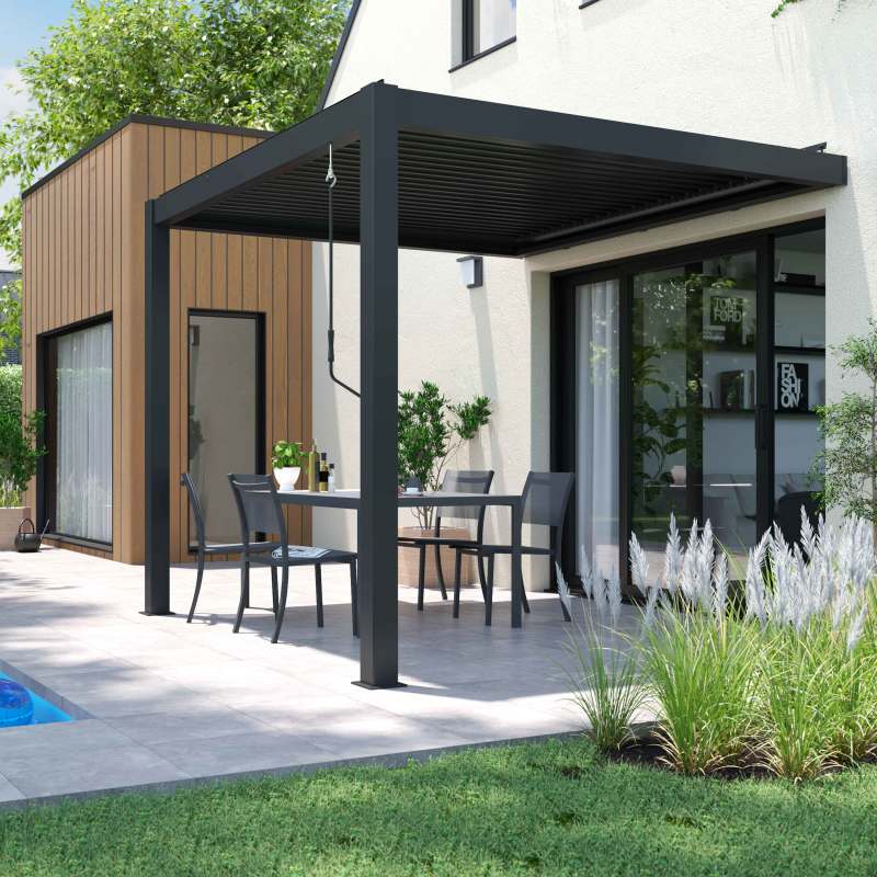 Pergola bioclimatique adossée 3x3m en aluminium avec 1, 2 ou 3 stores