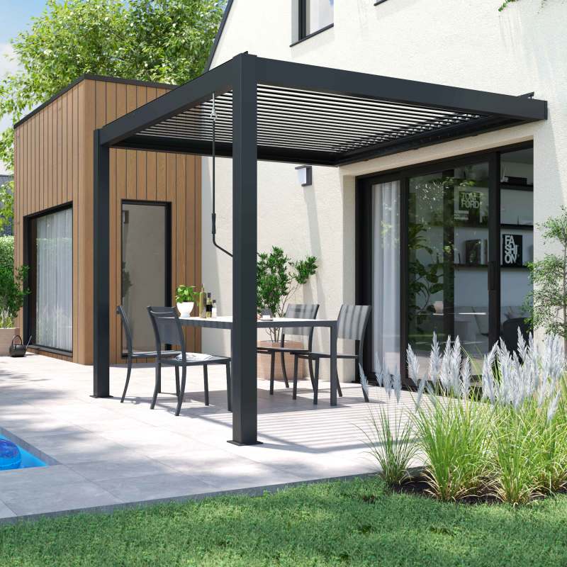 Pergola bioclimatique adossée 3x3m en aluminium avec 1, 2 ou 3 stores