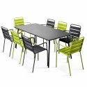 Table de jardin rectangulaire 180 x 90 cm et 8 chaises dépareillés avec accoudoirs en métal