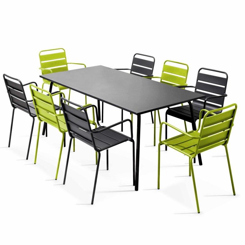 Table de jardin rectangulaire 180 x 90 cm et 8 chaises dépareillés avec accoudoirs en métal